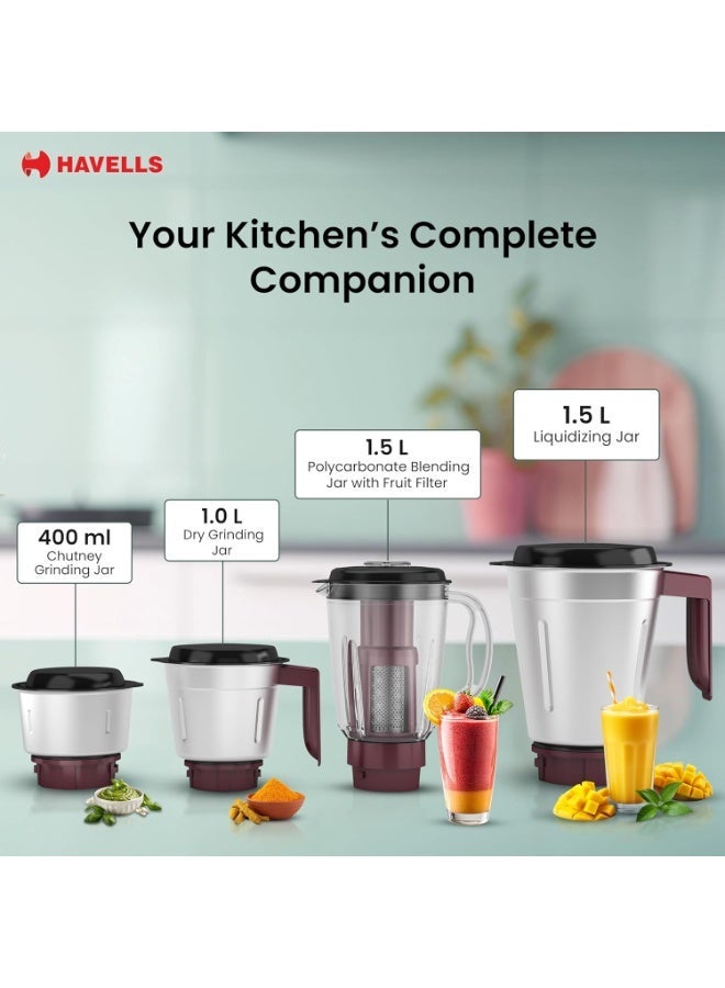 هافلز Havells Prisma 750 W 4 Jar Mixer Grinder| 3 Speed With Pulse Function| Air Vent Technology| Stainless Steel Blades| Wider Mouth Jars| Overload Protecton| 2-Year Product Warranty (Black) - Image 2